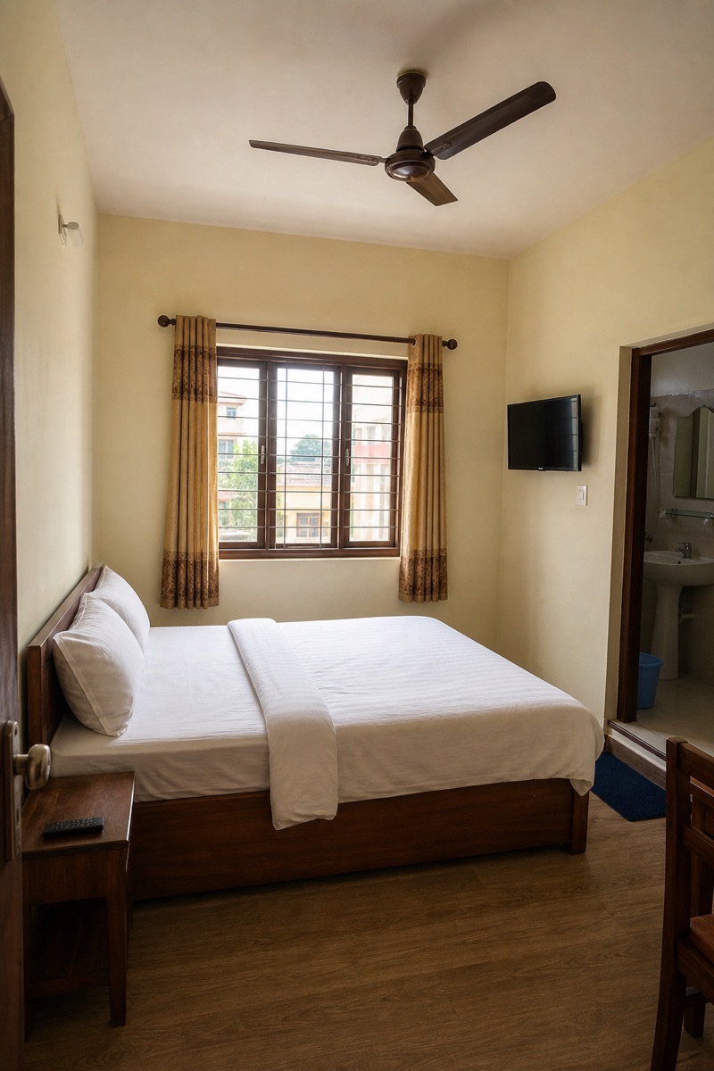 Standard non-AC room with ceiling fan at Akabare Inn